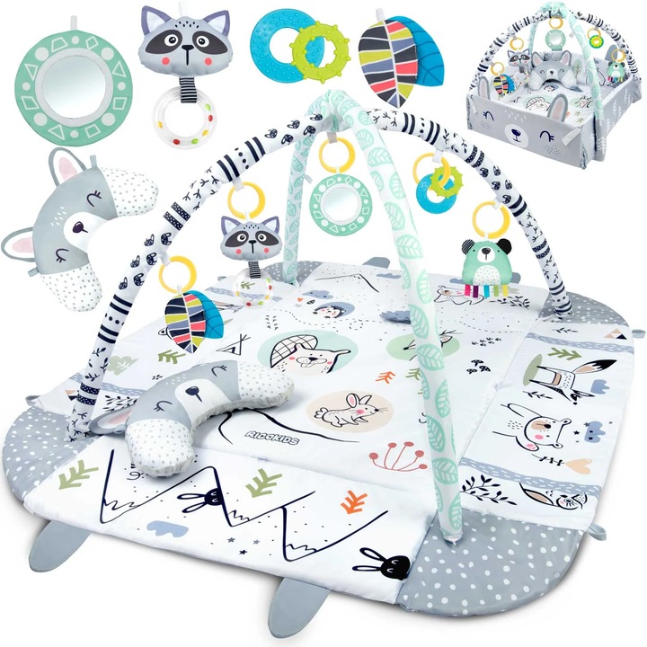 Постелка и кът за игра KinderVibe™ BabyKING, С възглавница, 3в1, 7 подвижни сензорни играчки, Две аркади, Огледало, Мек материал с термична защита, Лесен за почистване, Неплъзгащ се, Многофункционален, Бял/сив