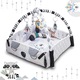 Постелка за активност и пространство за игра 3в1 BabyKING KinderVibe™, с възглавница, 7 подвижни сензорни играчки, две аркади, огледало, мек материал с термична защита, лесен за почистване, неплъзгащ се, многофункционална, бял/черен