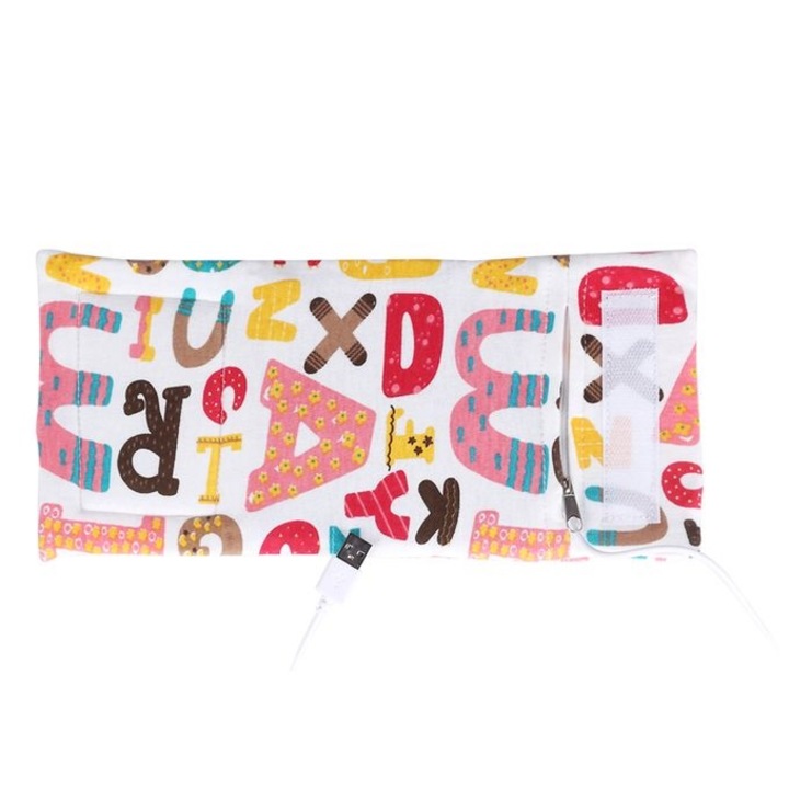 Husa de tip incalzitor termic pentru incalzirea biberonului si mentinerea temperaturii lui, portabil, pentru sticla de lapte bebe, cu cablu USB, marime universala, model cu litere