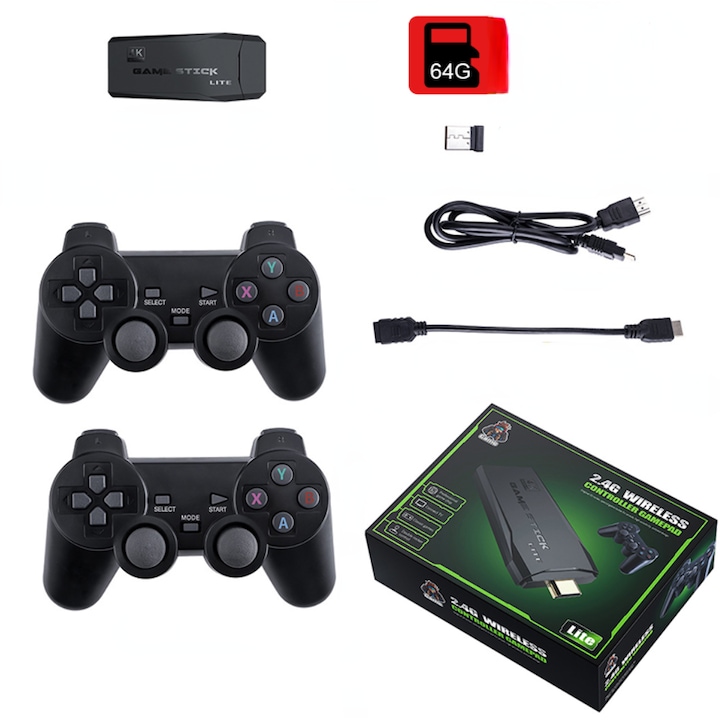 Ретро конзола за видеоигри, Двоен безжичен контролер, HDMI TV съвместим 64GB 10000 игри, Черен