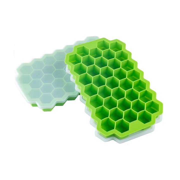Set 2 tavi cuburi gheata, Silicon, Model hexagon, Verde
