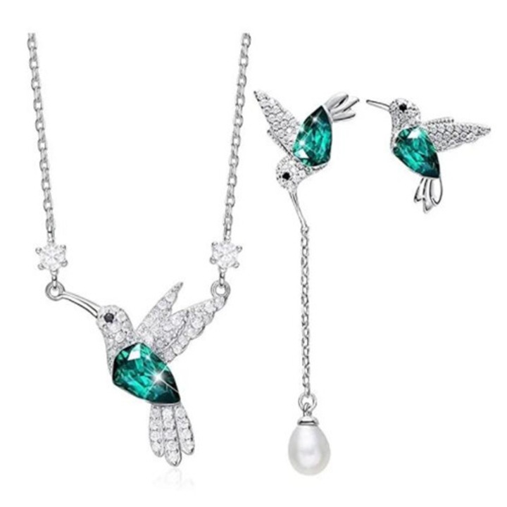 Set bijuterii Hummingbird, Argint/Swarovski, Argintiu/Verde