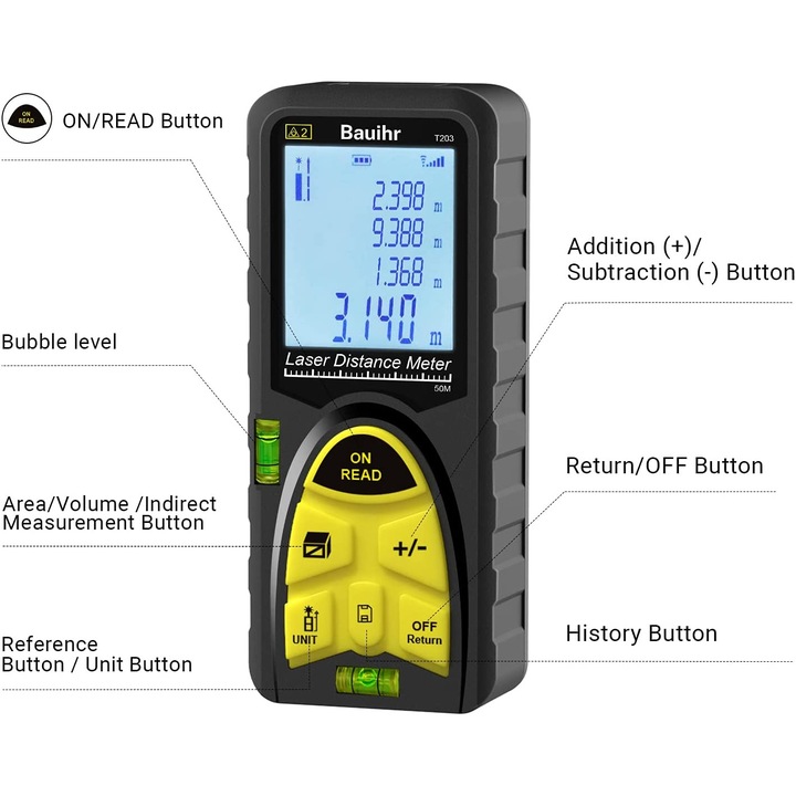 Bauihr lézeres távolságmérő 50 m, LCD képernyő, pontosság +/- 2mm, IP54 védettség, lézer osztály II, felület számítás, térfogat számítás, fekete