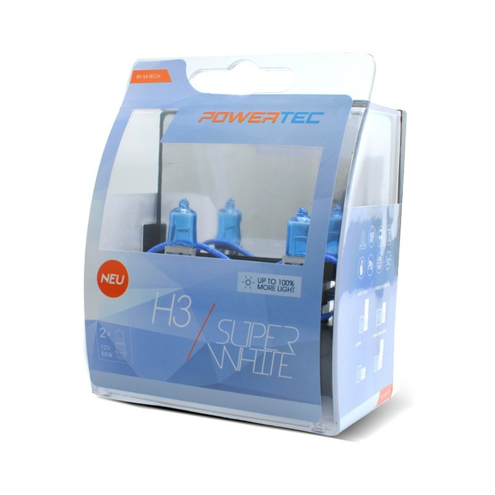 2 db H3 autós izzókészlet, M-Tech, 12V, 55W, 3450K, Fehér fény