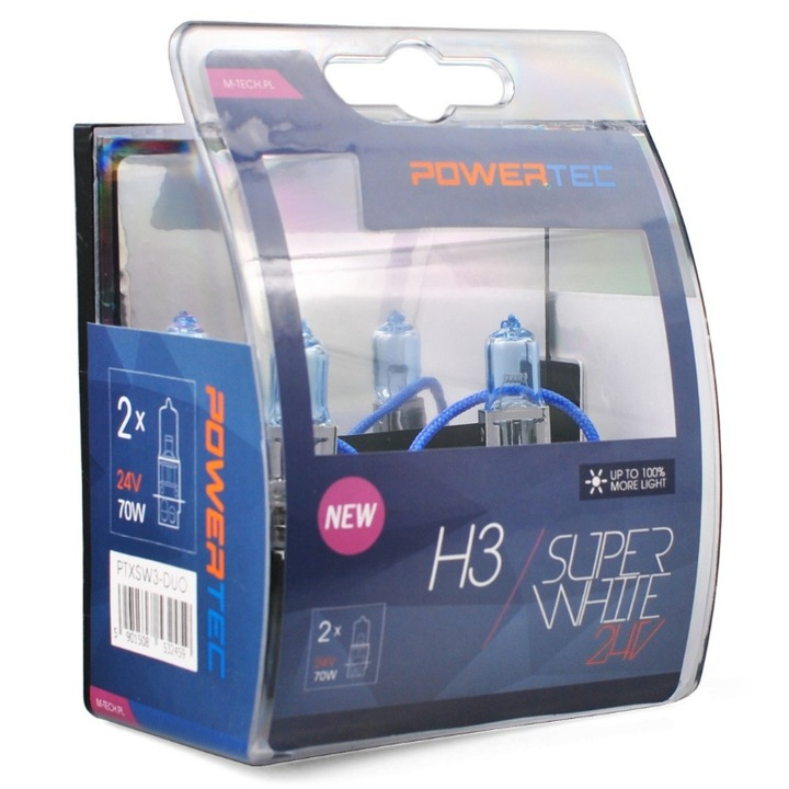 Set 2 becuri auto H3, M-Tech, 24V, 70W, 3.450K, Lumina alba