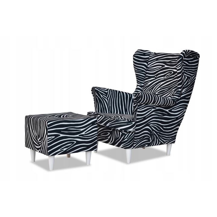 Fotoliu cu suport picioare Ari, Model Zebra, 104x84x92 cm, Catifea/Lemn, Alb/Negru