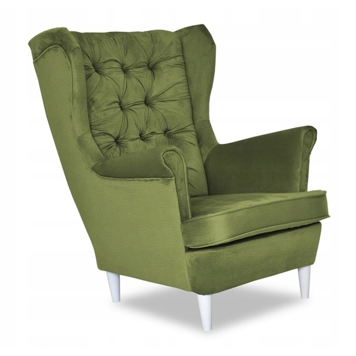 Fotoliu Gaja, Family Meble, Model Monolith, 104x84x92 cm, Catifea/Lemn, Verde olive