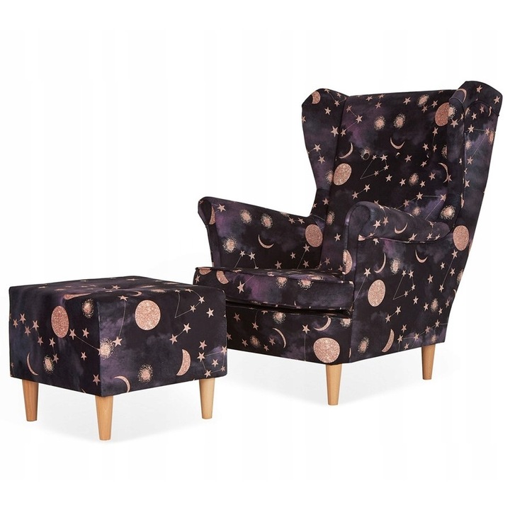 Fotoliu cu suport picioare Ari, Model constelatie, 104x84x92 cm, Catifea/Lemn, Multicolor