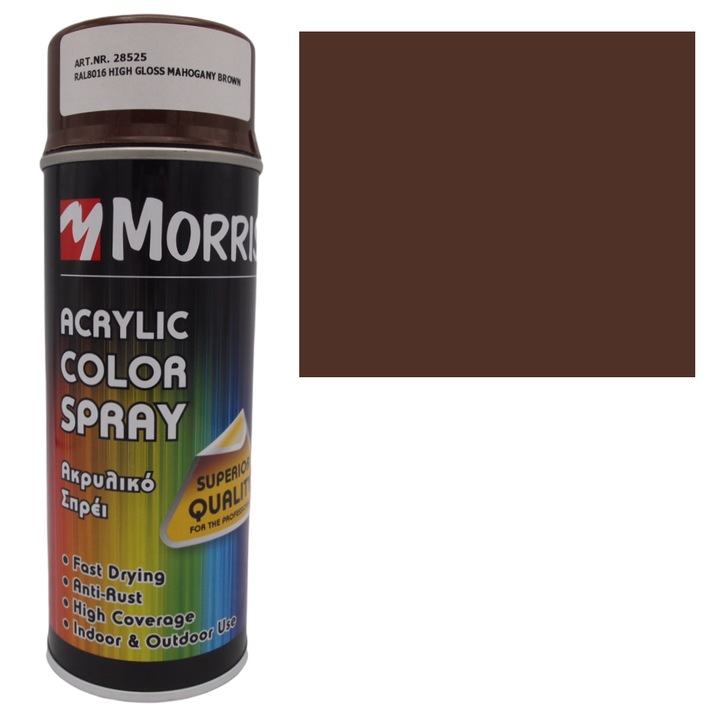 Morris festék spray, mahagóni barna, RAL 8016-fényes, fa, fém, alumínium, üveg, kő és műanyag felületekre 400 ml