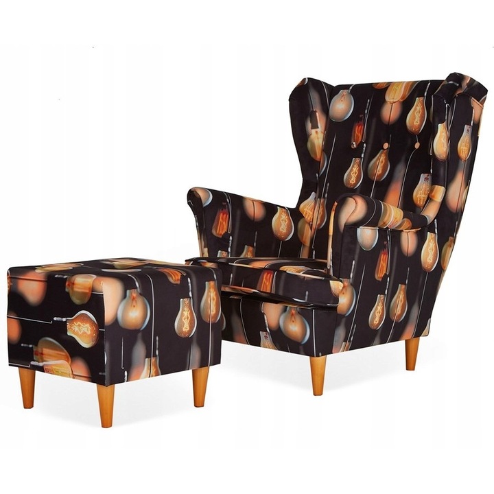 Fotoliu cu suport picioare, Model becuri, 104x84x92 cm, Catifea/Lemn, Multicolor