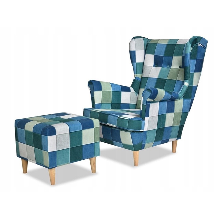 Fotoliu cu suport picioare Ari, Model geometric, 104x84x92 cm, Catifea/Lemn, Multicolor