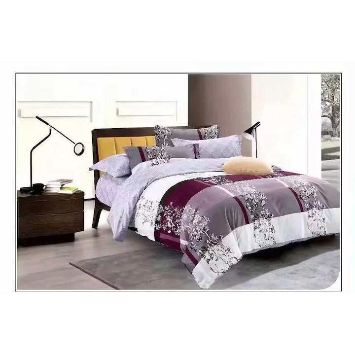 Двоен комплект спално бельо East Comfort, 6 части, Памук, 230 х 200 см, Бял/Бордо