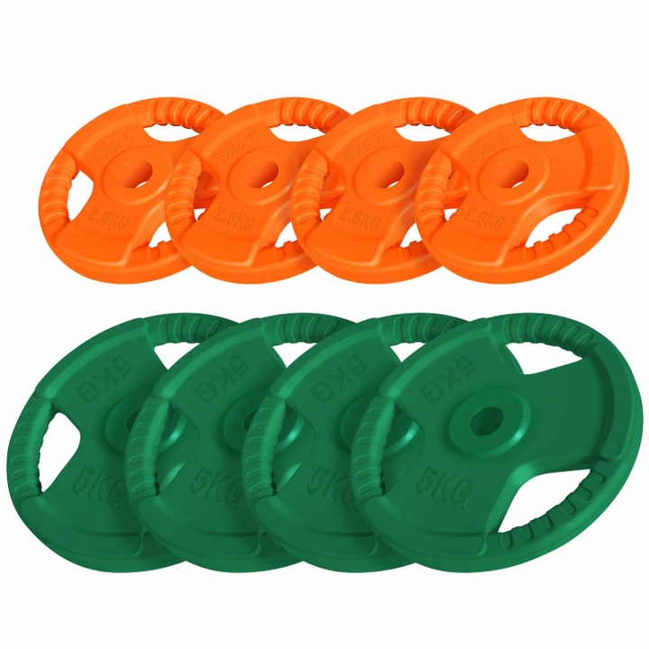 Set Discuri din fier cauciucat, Gorilla Sports, cu maner, verde/portocaliu, 30 Kg (4 X 5kg, 4 X 2,5kg)
