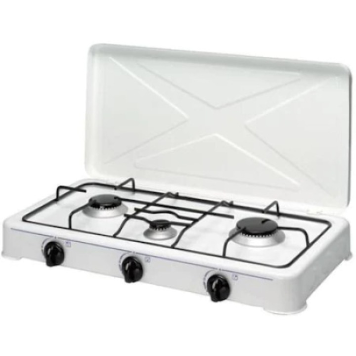 Aragaz cu 3 Ochi FOXMAG24, Tip Plita, Cu Capac, Tabla Emailata, Robinet de Gaz cu Siguranta, 2300W/1600W/900w, Consum 0,380 kg/h, 30 mbar, Alb