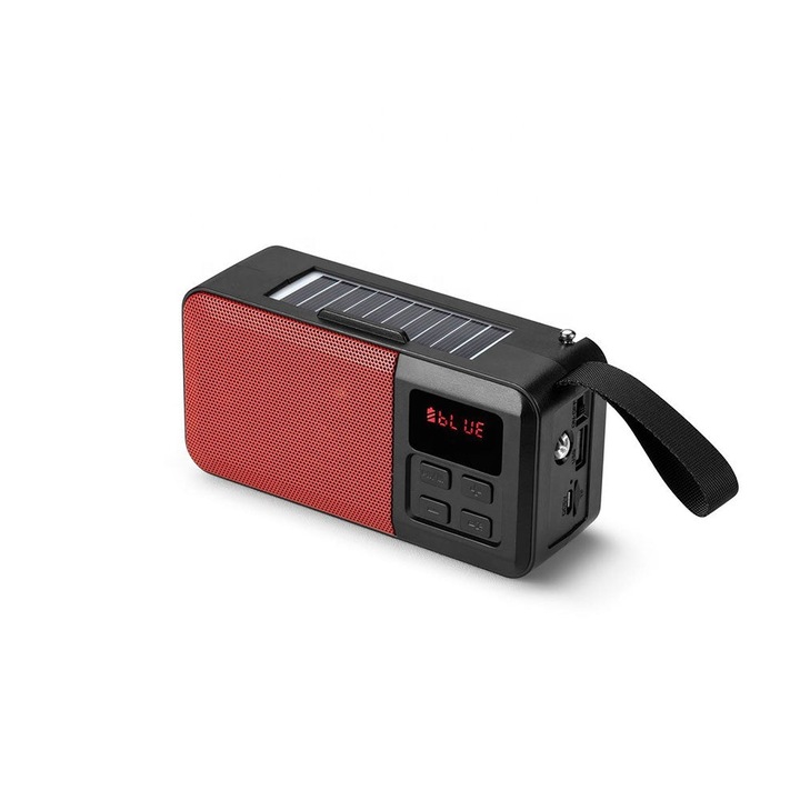 Boxa Portabila Incarcare Solara cu Radio, Bluetooth, Lanterna, USB, Card, AUX, Hands-Free, Rosu