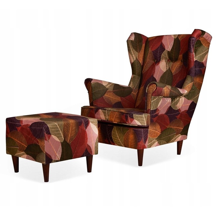 Fotoliu cu suport picioare Ari, Model Leaf, 104x84x92 cm, Catifea/Lemn, Multicolor