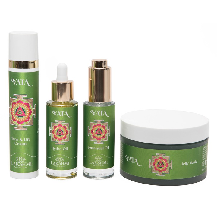 Set 4 produse 310 ml ten uscat si deshidratat "vata radiance", Lakshmi, eco-bio, crema, ulei facial, ser facial si masca