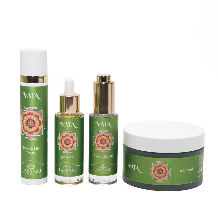 4 termékből álló készlet 310 ml száraz és vízhiányos bőr "radiance pamut", Lakshmi, öko-bio, krém, arcolaj, arcszérum és maszk