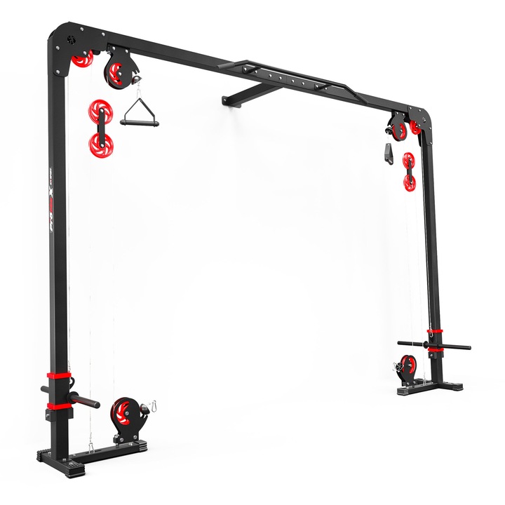 Statie Crossover Cu Scripeti, K-SPORT, KSSL021, Otel, Multifunctionala, Pentru Exercitii Pentru Piept, Brate, Triceps, Spate Si Abdomen, Include Bara De Tractiuni, Ideala Pentru Utilizare La Sala/Acasa, Sarcina Maxima 200 kg, 292 x 80 cm, 36 kg, Gri/Rosu