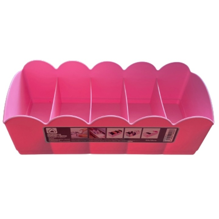 Organizator sertar, cu 5 compartimente, roz, pentru lenjerie intima sau sosete, 23x10x7.5 cm