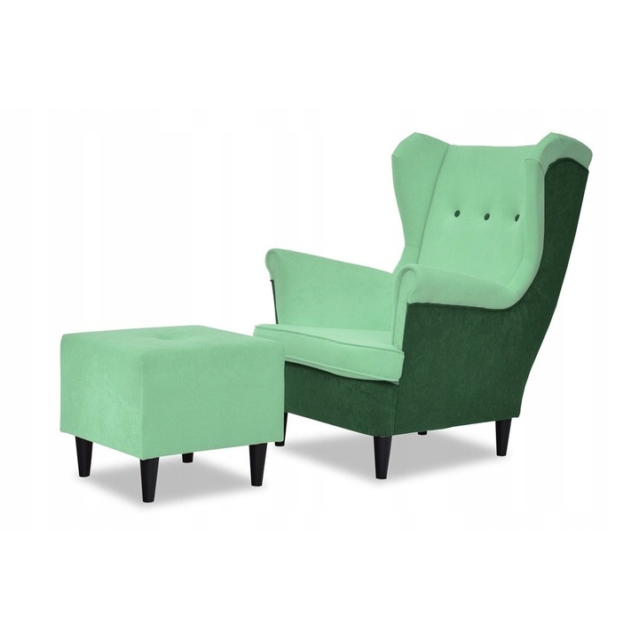 Fotoliu cu suport picioare Duo, 104x84x92 cm, Catifea/Lemn fag, Verde menta/Verde inchis