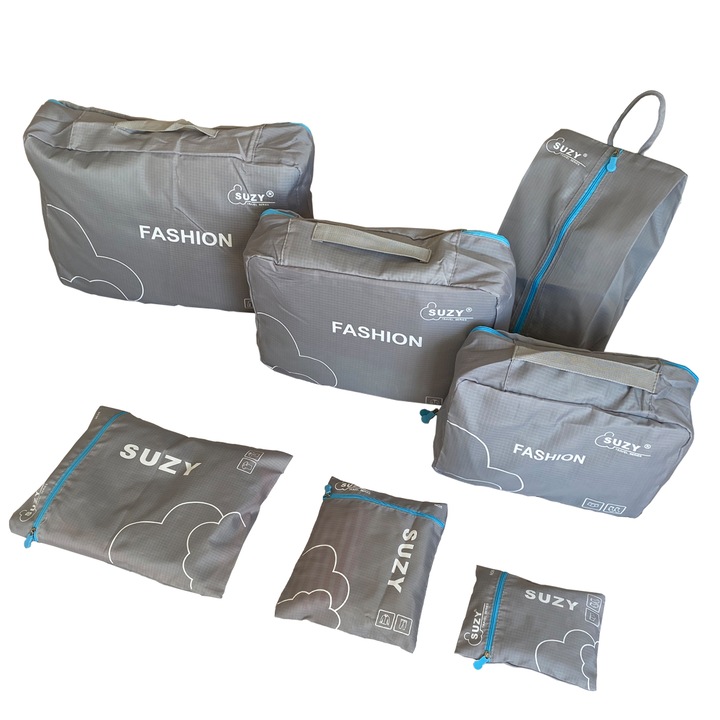 Set 7 x huse organizare haine bagaj pentru voiaj/calatorie, 3 x plicuri impermeabile, 3 x huse cu plasa pentru haine, 1 x organizator pantofi, Gri