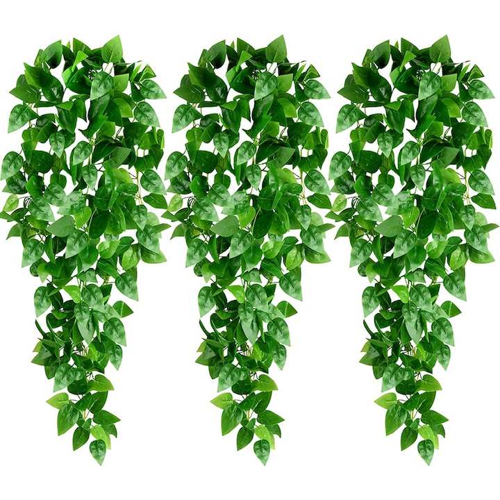Комплект от 3 изкуствени растения, Пластмаса/Текстил, 110 см, Зелен