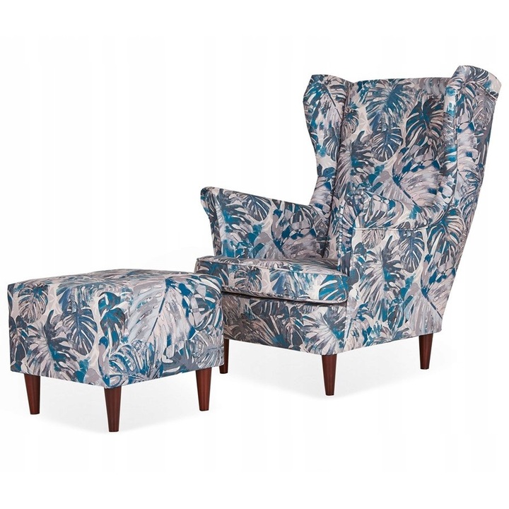 Fotoliu cu suport picioare Ari, Model tropical, 104x84x92 cm, Catifea/Lemn