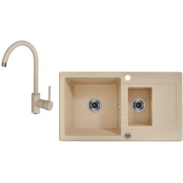 Set baterie si chiuveta, Deante, Granit, 78 x 43.5 cm, Crem