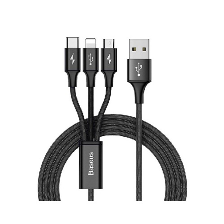 Кабел за данни, Baseus 3 в 1, серия Rapid, USB към Micro USB, USB-C и Lightning, бързо зареждане, 3A, 1,2 м, черен, кабел с найлоново покритие