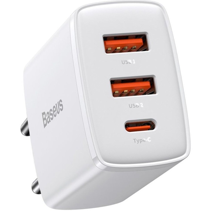 Incarcator Retea Baseus Compact Quick Charge 30W, 2 x USB 5V/3A, 1 x USB Type-C 5V/3A, Alb