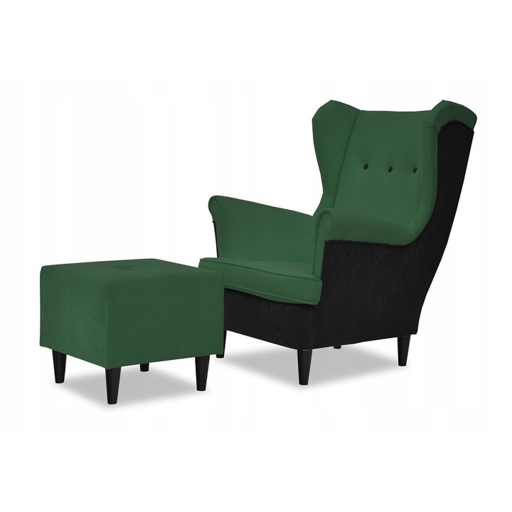 Fotoliu cu suport picioare Duo, 104x84x92 cm, Catifea/Lemn fag, Verde/Negru