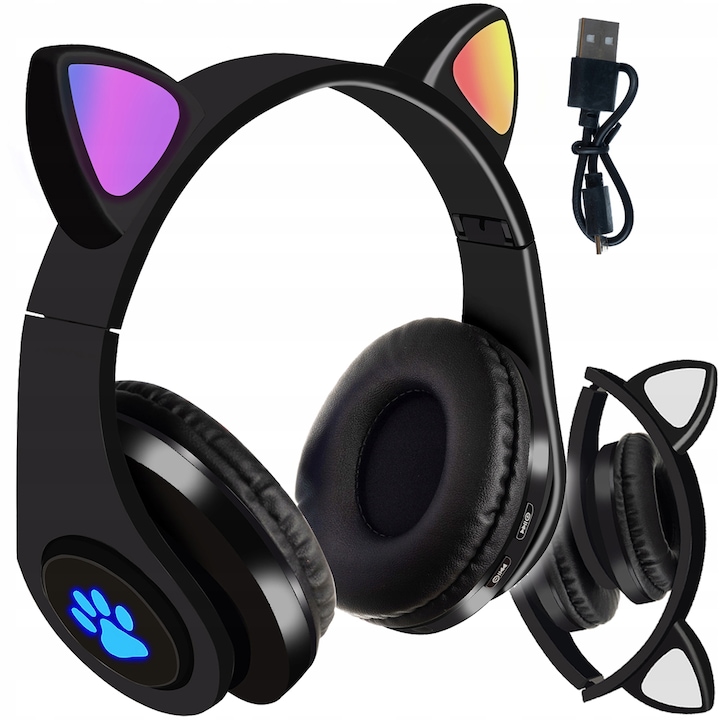 Vezeték nélküli audio fejhallgató, modern dizájn, Bluetooth 5.0 EDR csatlakozás, beépített mikrofon, összecsukható, led lámpa, fekete