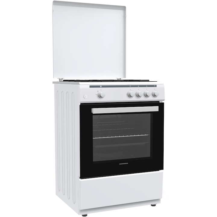 Газова готварска печка Heinner HFSC-V60WH, 4 горелки, Газ, Електрическо запалване, Предпазно устройство за фурна, Включени LPG дюзи, 60 см, Бял
