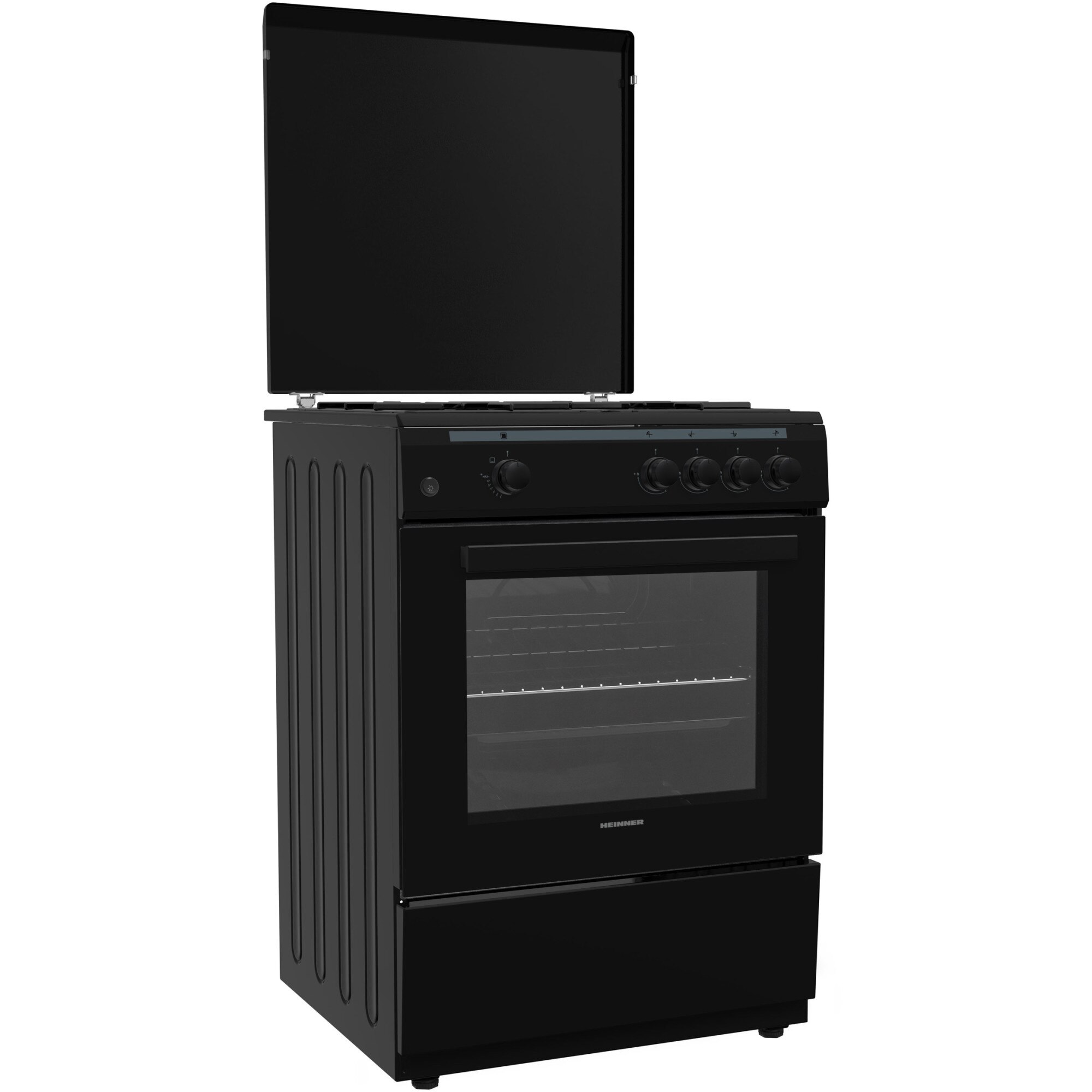 Aragaz Gaz Heinner HFSC-V60BK, 4 arzatoare, Gaz, Aprindere electrica, Dispozitiv de siguranta plita si cuptor, Duze GPL incluse, 60 cm, Negru