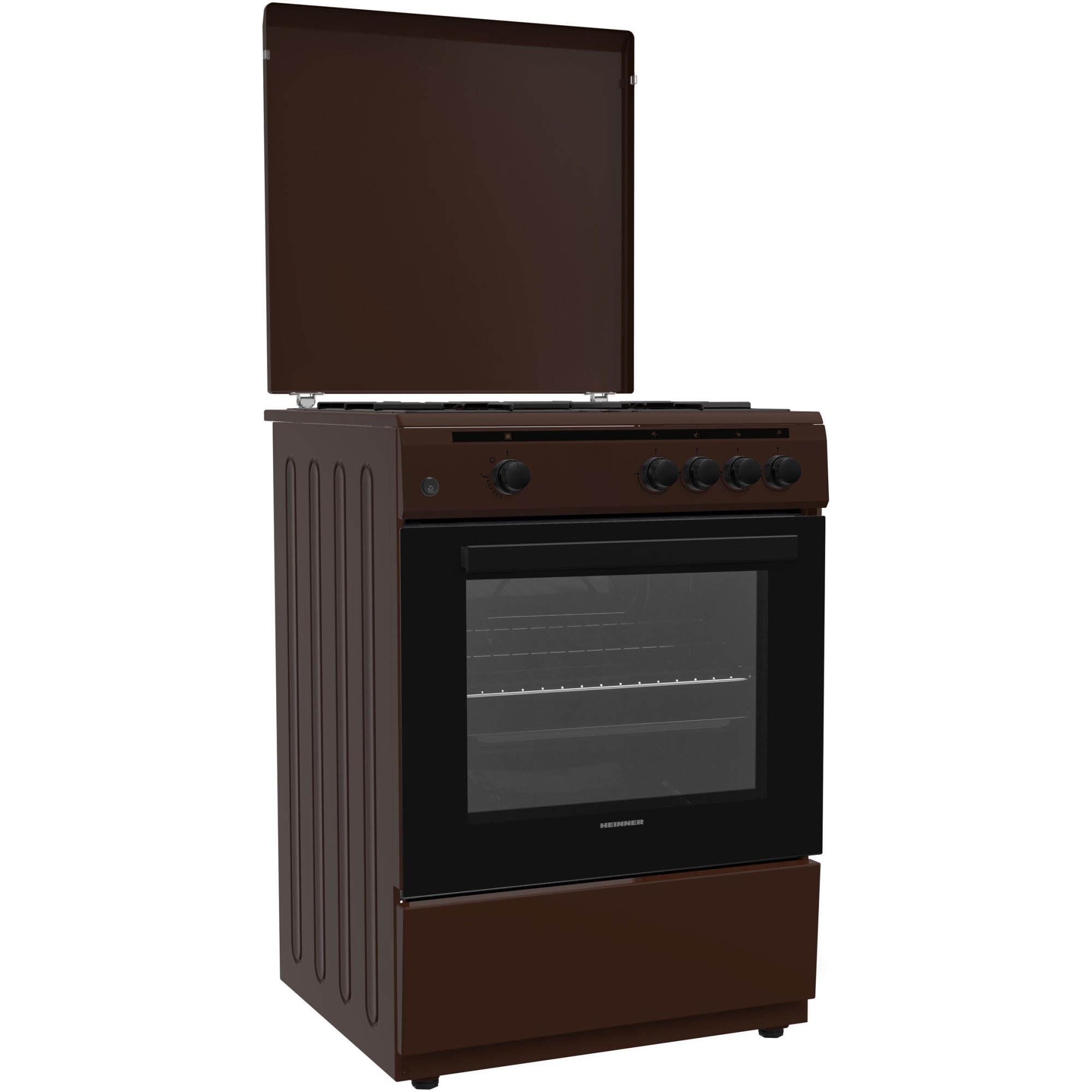 Aragaz Gaz Heinner HFSC-V60BRW, 4 arzatoare, Gaz, Aprindere electrica, Dispozitiv de siguranta plita si cuptor, Duze GPL incluse, 60 cm, Maro
