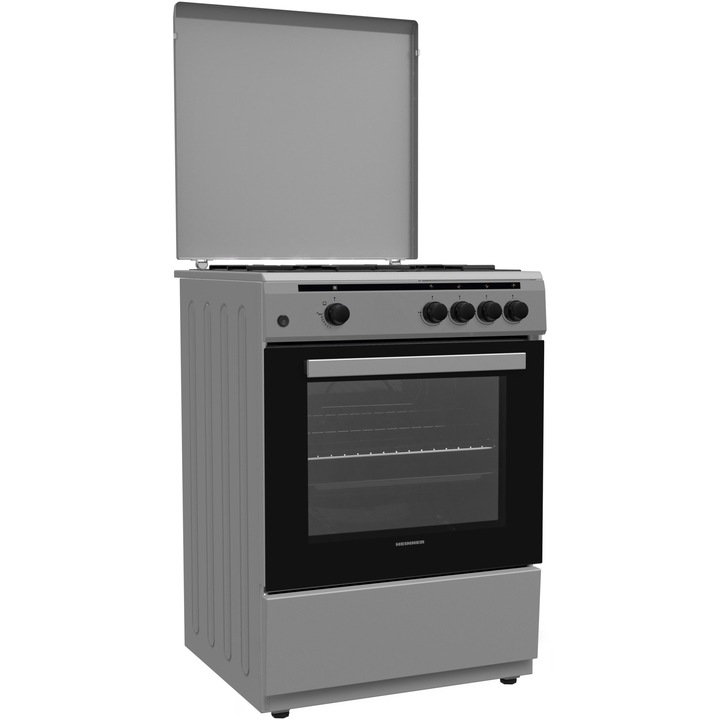 Газова готварска печка Heinner HFSC-V60SL, 4 горелки, Газ, Електрическо запалване, Предпазно устройство за котлон и фурна, Включени дюзи за LPG, 60 см, Сребрист