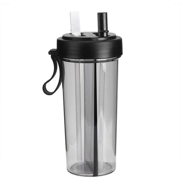 Cana dubla cu pai si capac, awwaline, neagra, 600 ml, 2 compartimente