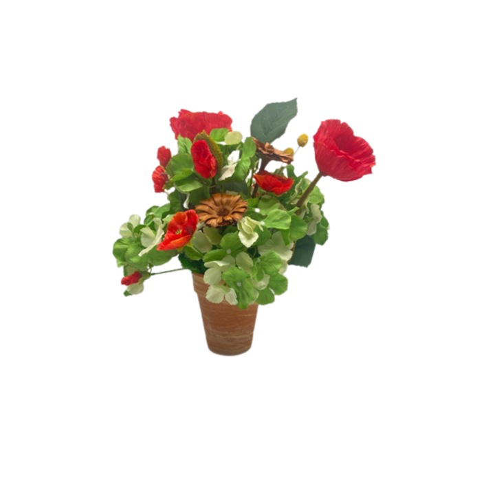 Aranjament floral din panza executat in vaza de lut cu maci, hortensie, licheni, si elemente natural uscate, 45x35 cm