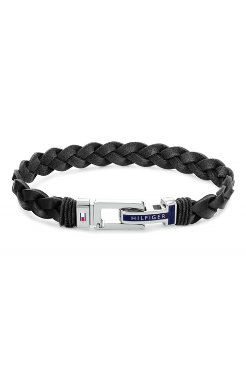 Tommy Hilfiger, Bőr karkötő logós részlettel, Ezüstszín, Fekete