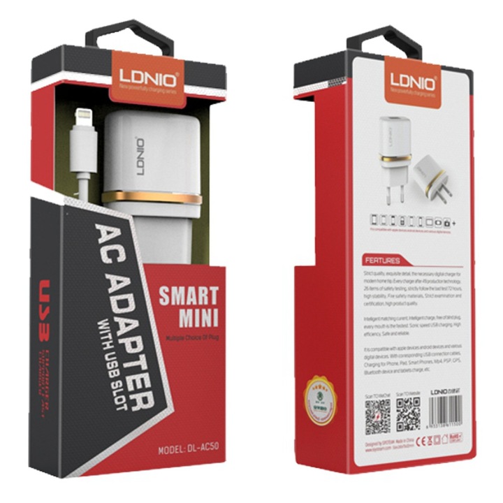 Incarcator retea cu cablu iPhone 5/5S Ldnio, alb