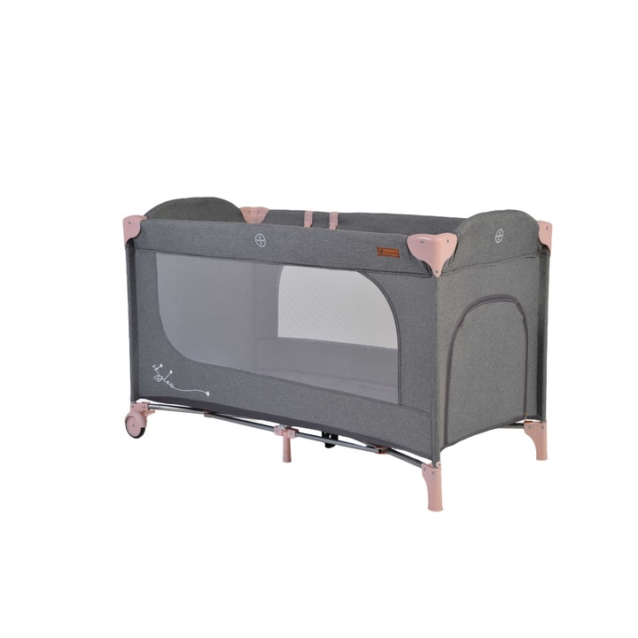 Patut pliabil cu un singur nivel de inaltime si inele ajutatoare Cangaroo Skyglow 120x60 cm, Gri/Roz