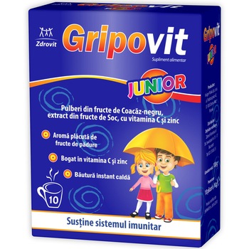 Supliment alimentar Gripovit Junior, Zdrovit, 10 plicuri Supliment alimentar Gripovit Junior, Zdrovit, 10 plicuri