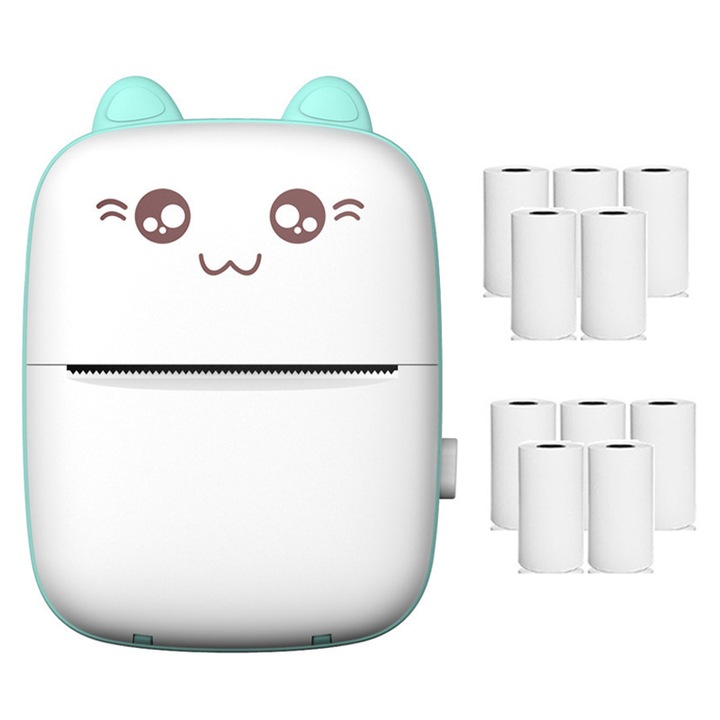 Set Mini imprimanta termica si 10 role hartie 57x25mm, zggzerg, Bluetooth, compatibil iOS/Android, imprimare APP,1200 mAh,200DPI, Alb/Albastru