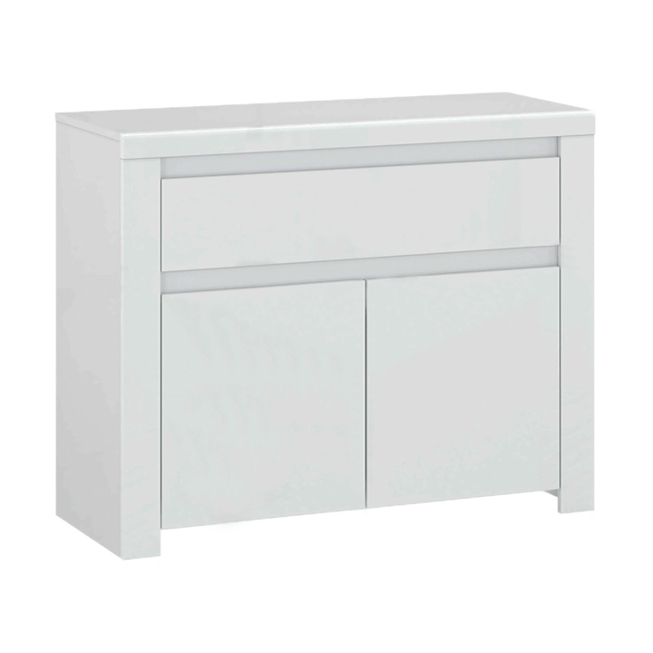 Comoda 2 usi 1 sertar mdf alb lucios Lindy 106x42x85 cm