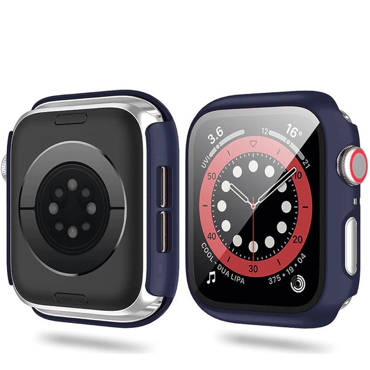 Husa cu Folie CASEY STUDIOS™ compatibila cu Apple Watch 9/8/7 - 45MM, Protectie 360°, Policarbonat Dur, Ultra-Subtire, Anti-Soc Full Screen, Sticla 9H, Midnight Blue
