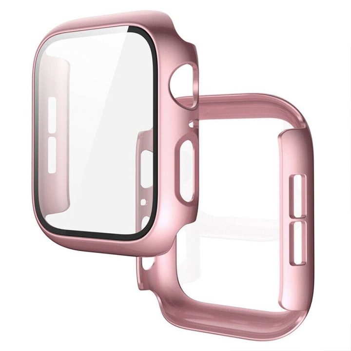Husa cu Folie CASEY STUDIOS™ compatibila cu Apple Watch 9/8/7 - 41MM, Protectie 360°, Policarbonat Dur, Ultra-Subtire, Anti-Soc Full Screen, Sticla 9H, Rose