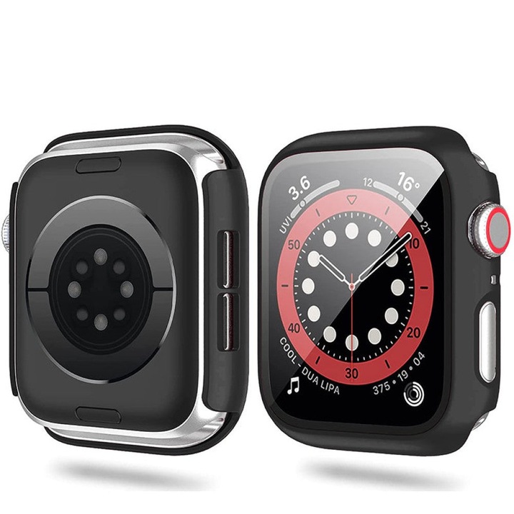 Husa cu Folie CASEY STUDIOS™ compatibila cu Apple Watch SE/6/5/4 - 44MM, Protectie 360°, Policarbonat Dur, Ultra-Subtire, Anti-Soc Full Screen, Sticla 9H, Negru