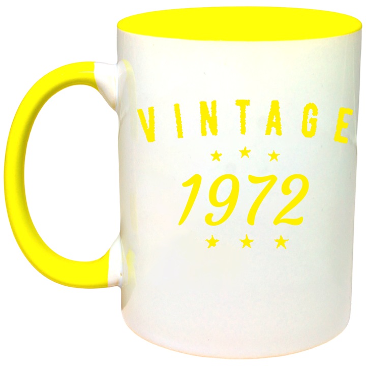 Cana personalizata cu interior colorat, galben, Vintage 1972, 330 ml