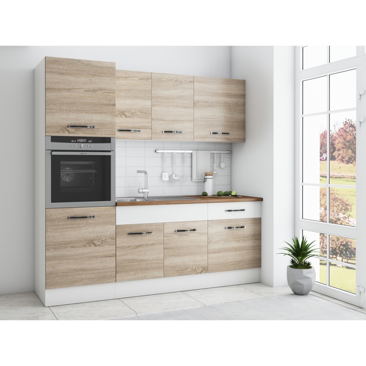 Bucatarie CB Furniture Sofia 200 cm, sonoma / alb, blat termic nuc, corp cuptor incorporabil